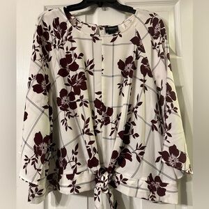 Liz Claiborne Blouse White Blouse with Burgundy floral & grid pattern..
